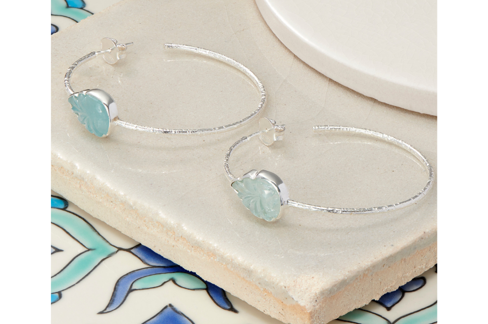 Carved Aquamarine Gem Set Silver Hoop Earrings