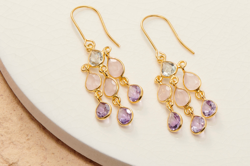 Cascade Green Amethyst, Amethyst & Rose Quartz Earrings