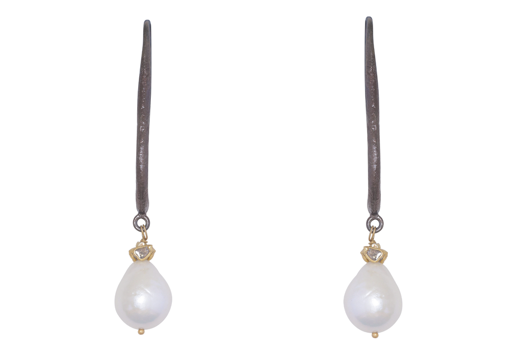 Claudia Oxidised Diamond And Pearl Hoops