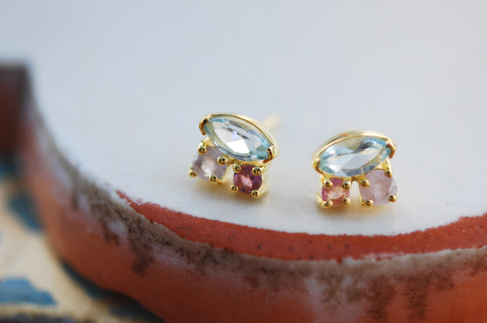 Juliet Blue Topaz, Tourmaline & Rose Quartz Stud Earrings