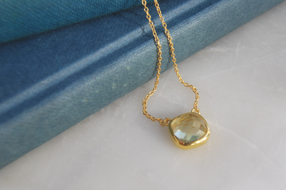 Lemon Quartz Cushion Cut Pendant Necklace