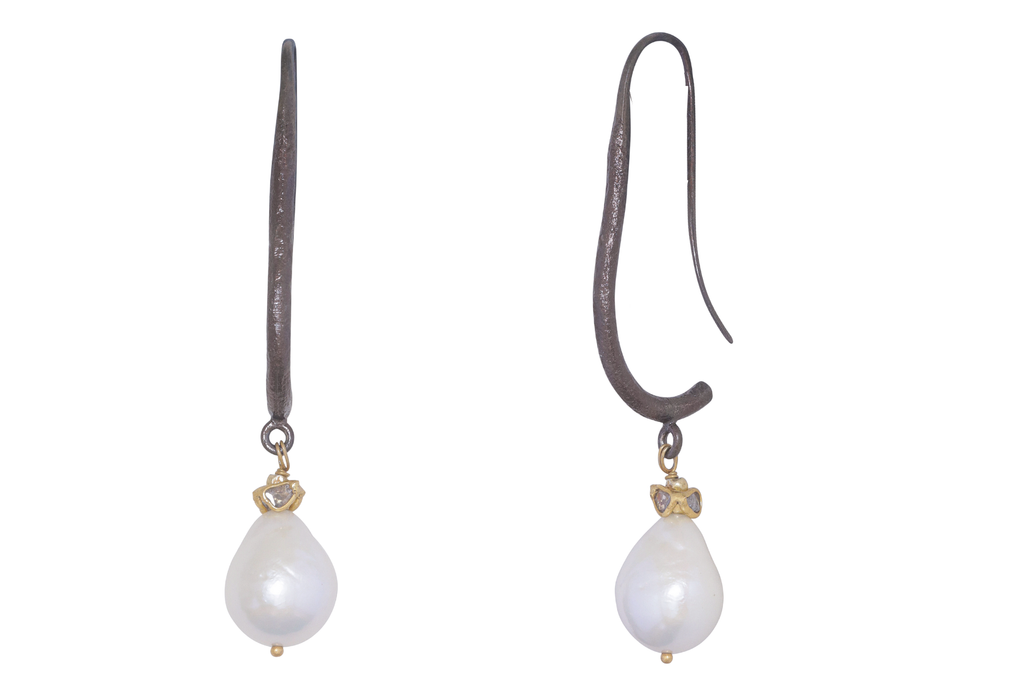 Claudia Oxidised Diamond And Pearl Hoops