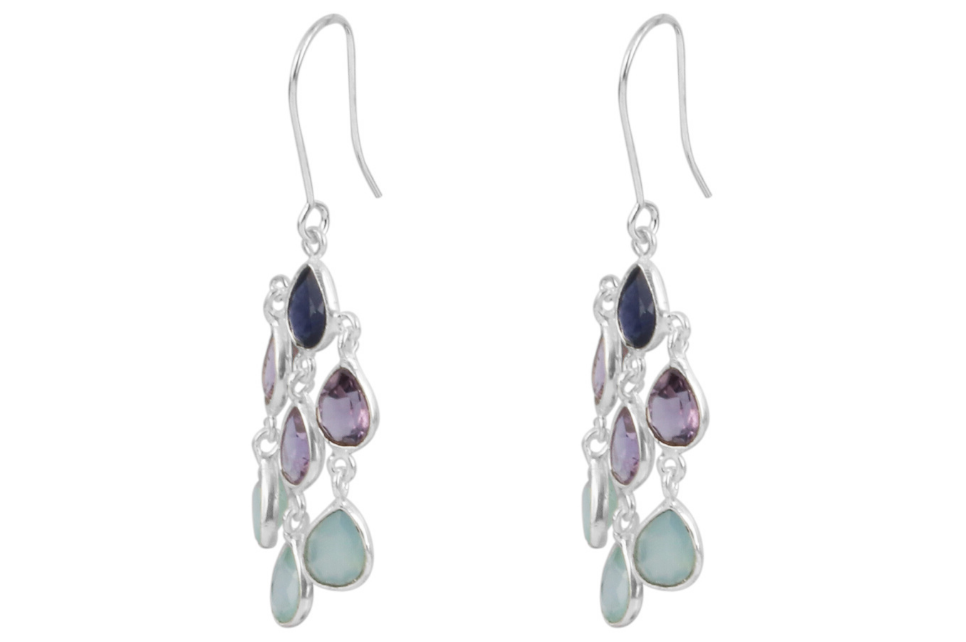 Cascade Iolite, Amethyst & Chalcedony Silver Earrings